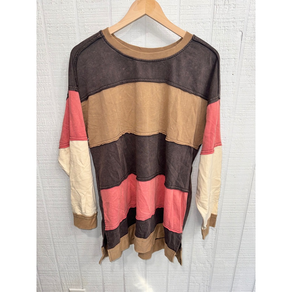 Umgee Colorblock Tunic Women Brown Tan Coral Patchwork Heart Back Size M NEW